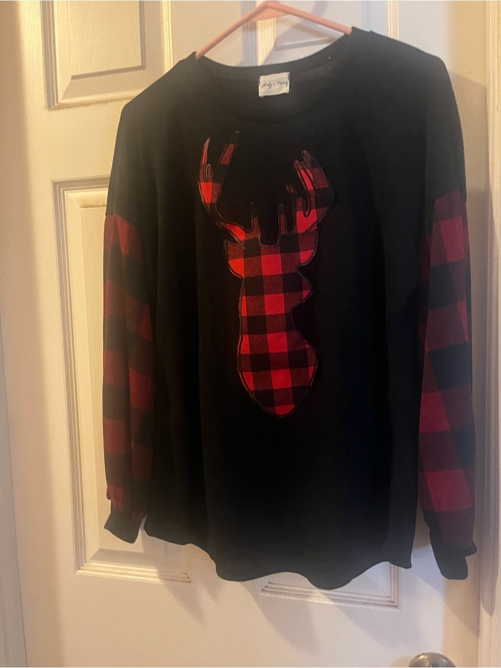 Lovely Melody Black and Red Buffalo Plaid Deer Crewneck Sweater